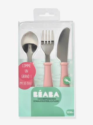 Conjunto de 3 talheres de aprendizagem, em inox, da  rosa claro liso