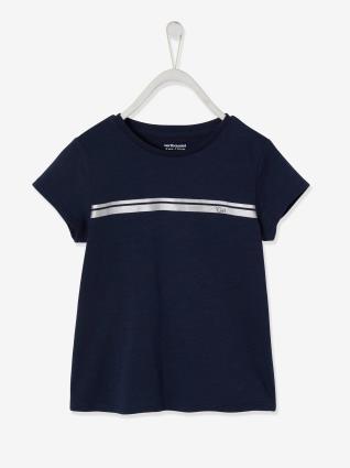 T-shirt de desporto com riscas irisadas, para menina azul escuro liso com motivo