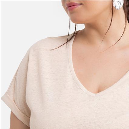 Collections Plus T-shirt com decote em V, algodão/linho