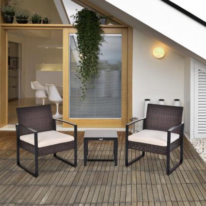 Conjunto de Móveis de Jardim de Vime 3 Peças com 1 Mesa 42,5x40x39 cm 2 Poltronas 63x57x76 cm Almofada Acolchoada para Pátio Va