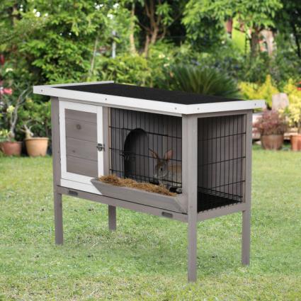 Coelheira de Madeira Exterior Gaiola Elevada para Coelhos Cobaias Animais Pequenos com Teto Asfáltico Abatível Comedouro Bandej