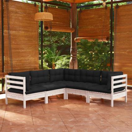 vidaXL 5 pcs conj. lounge de jardim c/ almofadões pinho maciço branco