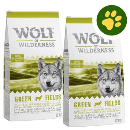 Wolf of Wilderness ração 2 x 12 kg em promoção: 5 x zooPontos + 5 € desconto imediato!  - Senior Green Fields cordeiro