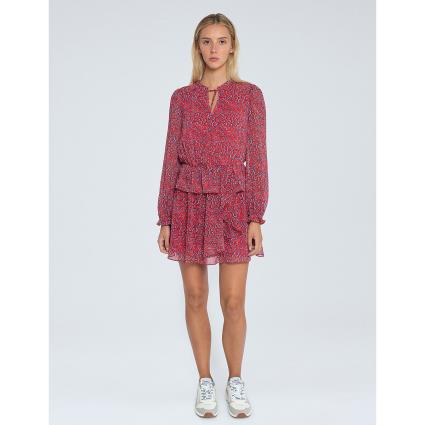 Vestido curto e estampado, mangas compridas, decote em V