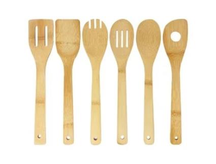 6 Utensílios de Bambu Elegantes e Resistentes: Colher de Pau Espátula de Bambu Colher com Fenda Espátula com Fenda Espork Espátula com Orifício