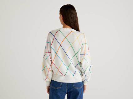 Benetton, Camisola Aos Losangos Multicolor, tamanho L, Branco, Mulher