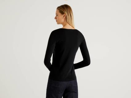 Benetton, T-shirt Preta De Manga Comprida 100% Algodão, tamanho XS, Preto, Mulher