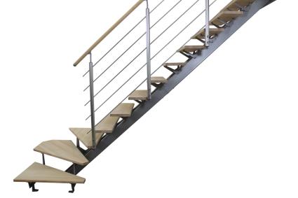 Escada em L DUPLA VIGA CINZA-PINHO CORRIMÃO PINHO