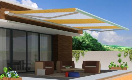 Toldo motorizado cofre com LED AVEIRO BRANCO 7X3.5M RISCAS AMARELO