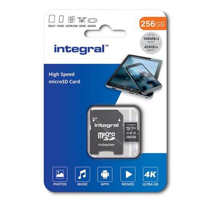 Cartão de Memória microSDXC/XC™ V30 UHS-I U3, 256 GB, 100 Mbps Velocidade Leitura, com Adaptador