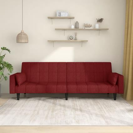 vidaXL Sofá-cama 2 lugares com duas almofadas tecido vermelho tinto