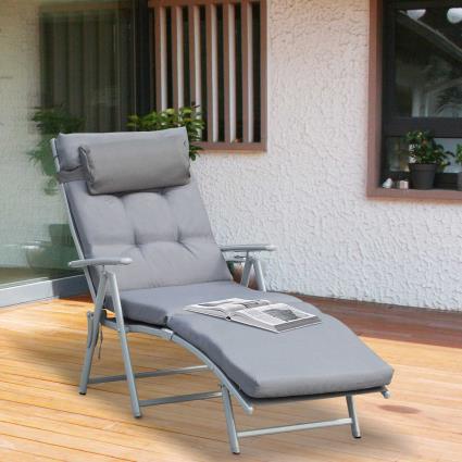 Espreguiçadeira Dobrável de Jardim com Encosto Ajustável em 7 Posições, Almofada e Apoio para a Cabeça Acolchoados para Terraço Piscina Exterior Carga