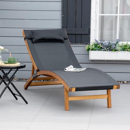 Espreguiçadeira de Jardim com Altura do Encosto Ajustável, Apoio para a Cabeça Removível e Estrutura de Madeira Ergonómica para Terraço Praia Exterior