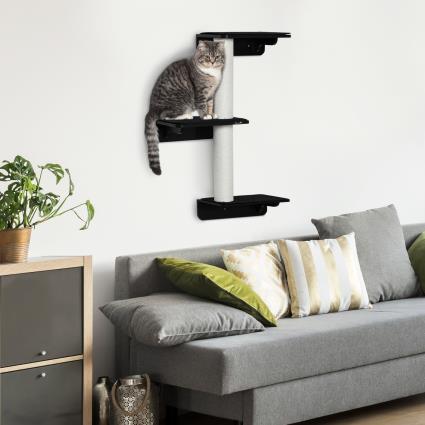 Árvore para Gatos de Parede com 3 Plataformas, Almofada Removível e 2 Postes de Arranhar 63x28x93,5cm Preto e Bege