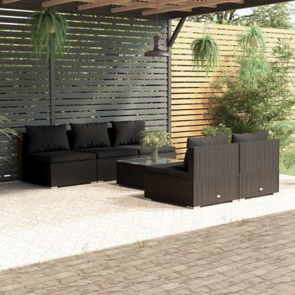 vidaXL 6 pcs conjunto lounge de jardim c/ almofadões vime PE preto