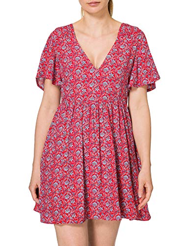 Vestido curto estampado, decote em V, mangas curtas