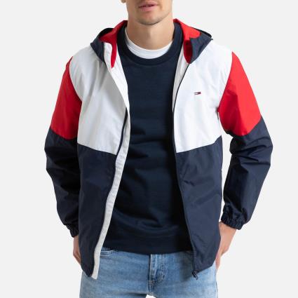 Corta-vento com fecho e capuz colorblock
