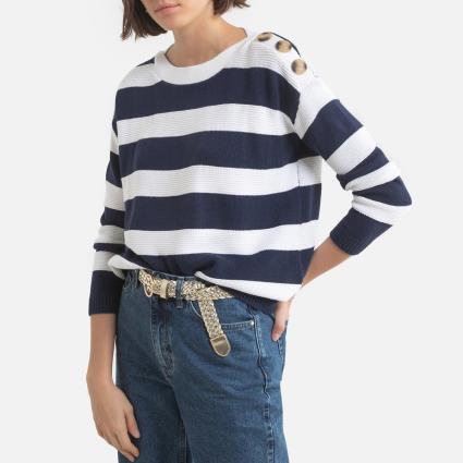 Camisola às riscas com gola redonda, mangas compridas