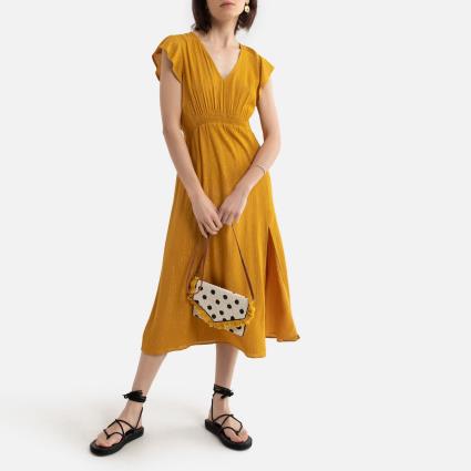 Vestido midi, decote em V, mangas curtas