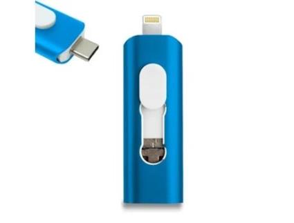 Pen Drive USB x64 GB  (3 en 1) Lightning / Tipo-C / Micro-USB Azul