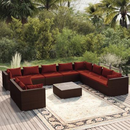 vidaXL 11 pcs conjunto lounge jardim c/ almofadões vime PE castanho