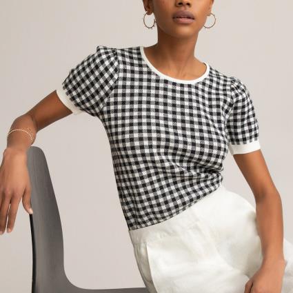 Collections Camisola com gola redonda, motivo vichy, mangas curtas