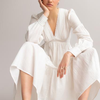 Collections Vestido comprido com decote em V, em gaze de algodão
