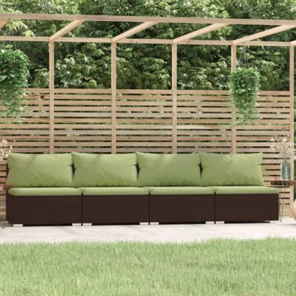 vidaXL Sofá de jardim 4 lugares com almofadões vime PE castanho