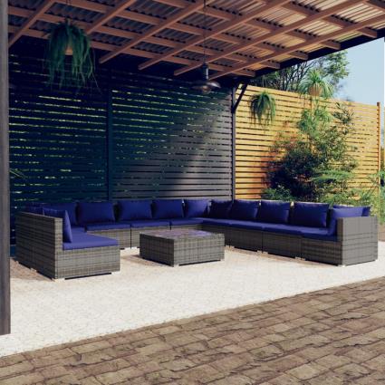 vidaXL 12 pcs conjunto lounge de jardim c/ almofadões vime PE cinza