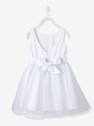 Vestido de cerimónia em cetim e tule, para menina branco