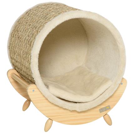 PawHut Cama Elevada para Gatos Caverna para Gatos Tipo Barril com Superfície para Arranhar e Almofada 41x38x43cm Madeira   Aosom Portugal