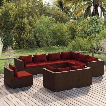 vidaXL 9 pcs conjunto lounge de jardim c/ almofadões vime PE castanho