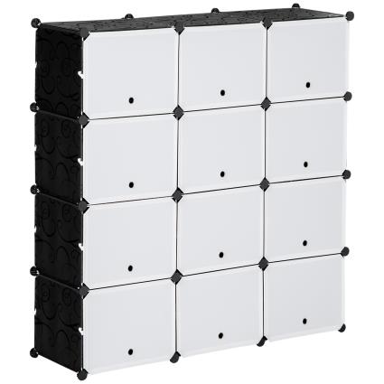 HOMCOM Armário Modular de Plástico Armário com 12 Cubos Organizadores de Sapatos Roupas Brinquedos 125x32x125cm Branco e Preto   Aosom Portugal