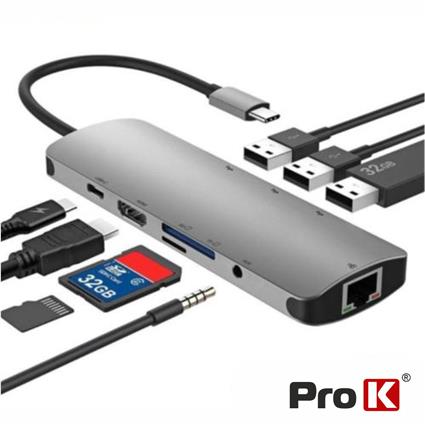 Hub USB-C P/ USB-C/ 3xUSB 3.0/ HDMI/Audio/ RJ45/Cartões SD