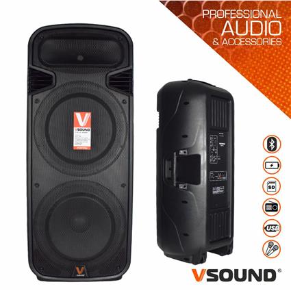 Coluna Amplificada 2x15 USB/FM/BT/SD/BAT MIC LEDS 