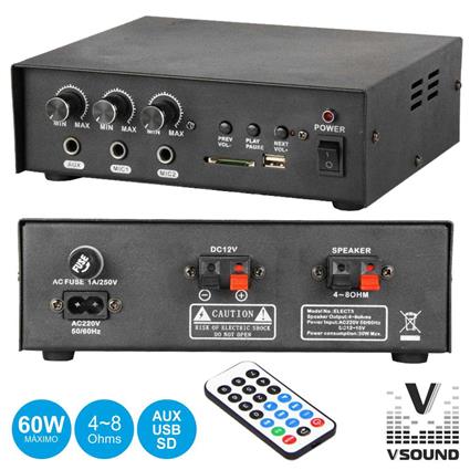 Amplificador Áudio 12/220v 3 Entradas 30w Mp3/Usb/Sd 