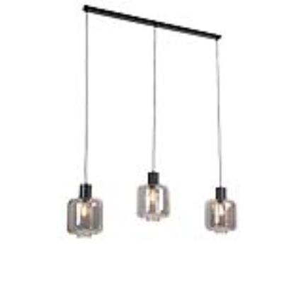 Candeeiro de suspensão de design preto com vidro fumê 3 luzes 161,5 cm - Qara