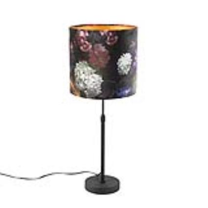 Candeeiro de mesa preto com cúpula de veludo com flores douradas 25 cm - Parte