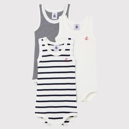 Petit Bateau Lote de 3 bodies de cavas, às riscas