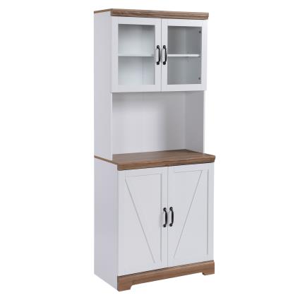 HOMCOM Armário de Cozinha com 2 Portas de Vidro Prateleiras Ajustáveis Bancada e Sistema Anti-Tombo 72x40x178cm Branco e Madeira   Aosom Portugal