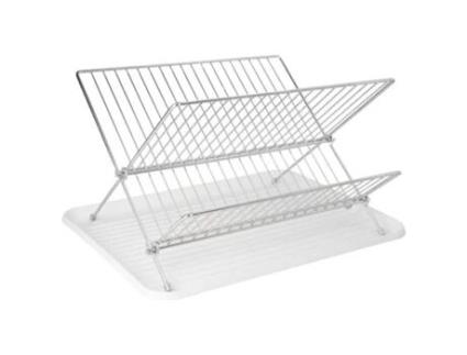 Escurreplatos plegable con rejilla de acero cromado y bandeja de secado, 2 niveles