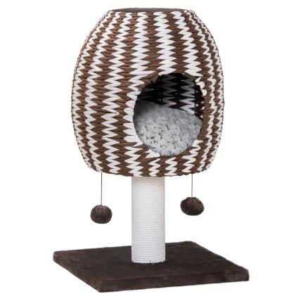 PawHut Árvore Arranhador para Gatos Arranhador para Gatos com caverna Almofada Bolas Suspensas e Poste 40x40x67cm Café e Branco   Aosom Portugal