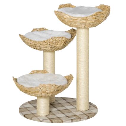 PawHut Árvore Arranhador para Gatos Altura 75cm Arranhador para Gatos com 3 Camas de Totora Almofadas e Postes Ø56x75 cm Madeira   Aosom Portugal