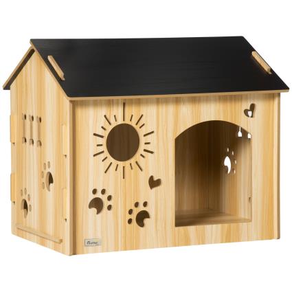 PawHut Casa de Madeira para Cães Casa para Animais de Estimação com Porta Dianteira Desenhos 69x50x58,5cm Madeira e Preto   Aosom Portugal