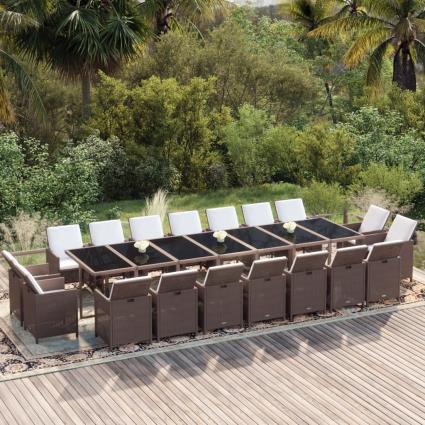 vidaXL 19 pcs conjunto jantar p/ jardim c/ almofadões vime PE castanho