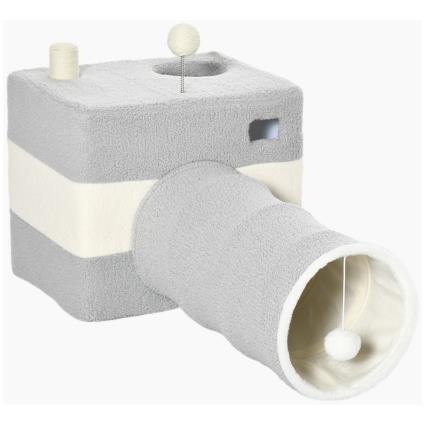 PawHut Túnel para Gatos com Caverna Túnel para Animais de Estimação com Orifício Superior e Bola Suspensa 48x95x58cm Cinza   Aosom Portugal