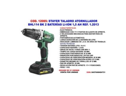 Stayer taladro atornillad bhl114 bpk 2 bat li-ion 1.5 ah 1.2011