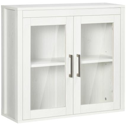 kleankin Armário Casa de Banho de Parede com 2 Portas de Vidro e Prateleira Móvel Suspenso de Casa de Banho 60x19,5x54cm Branco   Aosom Portugal