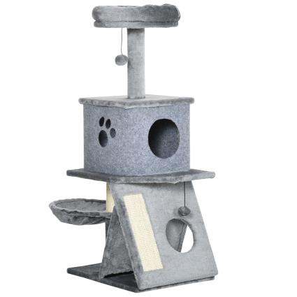 PawHut Árvore Arranhador para Gatos Altura com Cama Caverna Rede Bola Suspensa Postes e Rampa de Sisal 50x40x111cm Cinza   Aosom Portugal