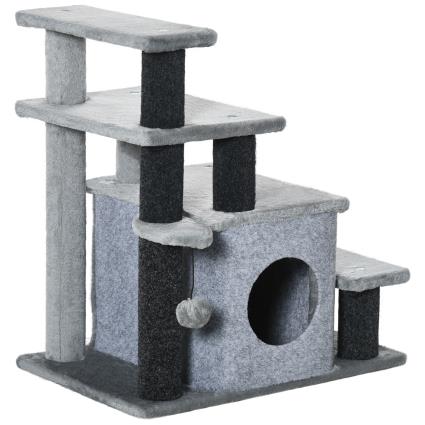 PawHut Escada para Gatos de 4 Degraus Escada para Animais de Estimação com Altura Ajustável Caverna Bola Suspensa 60x40x66cm Cinza   Aosom Portugal
